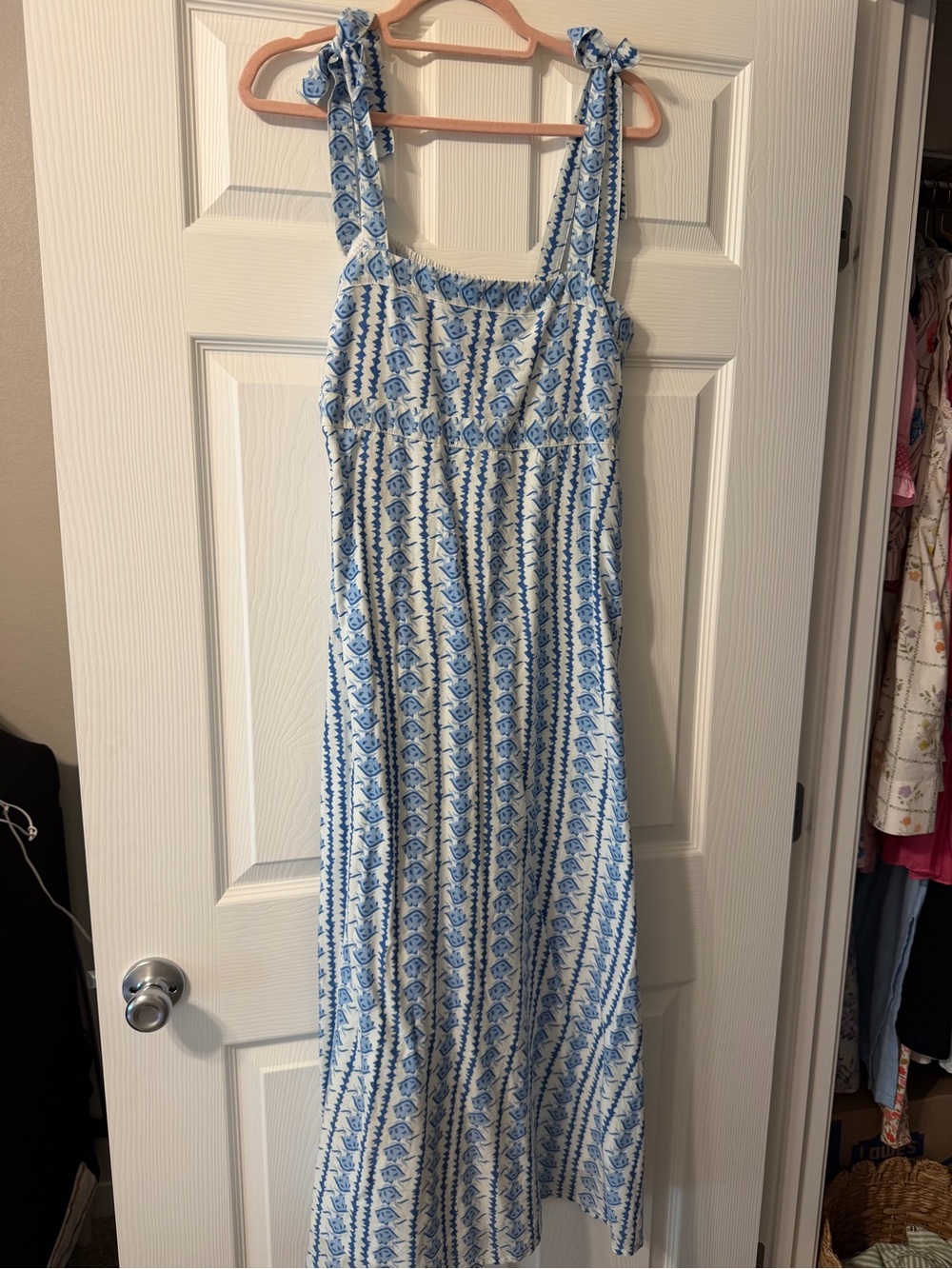 Blue & White Tie-Shoulder Midi Dress